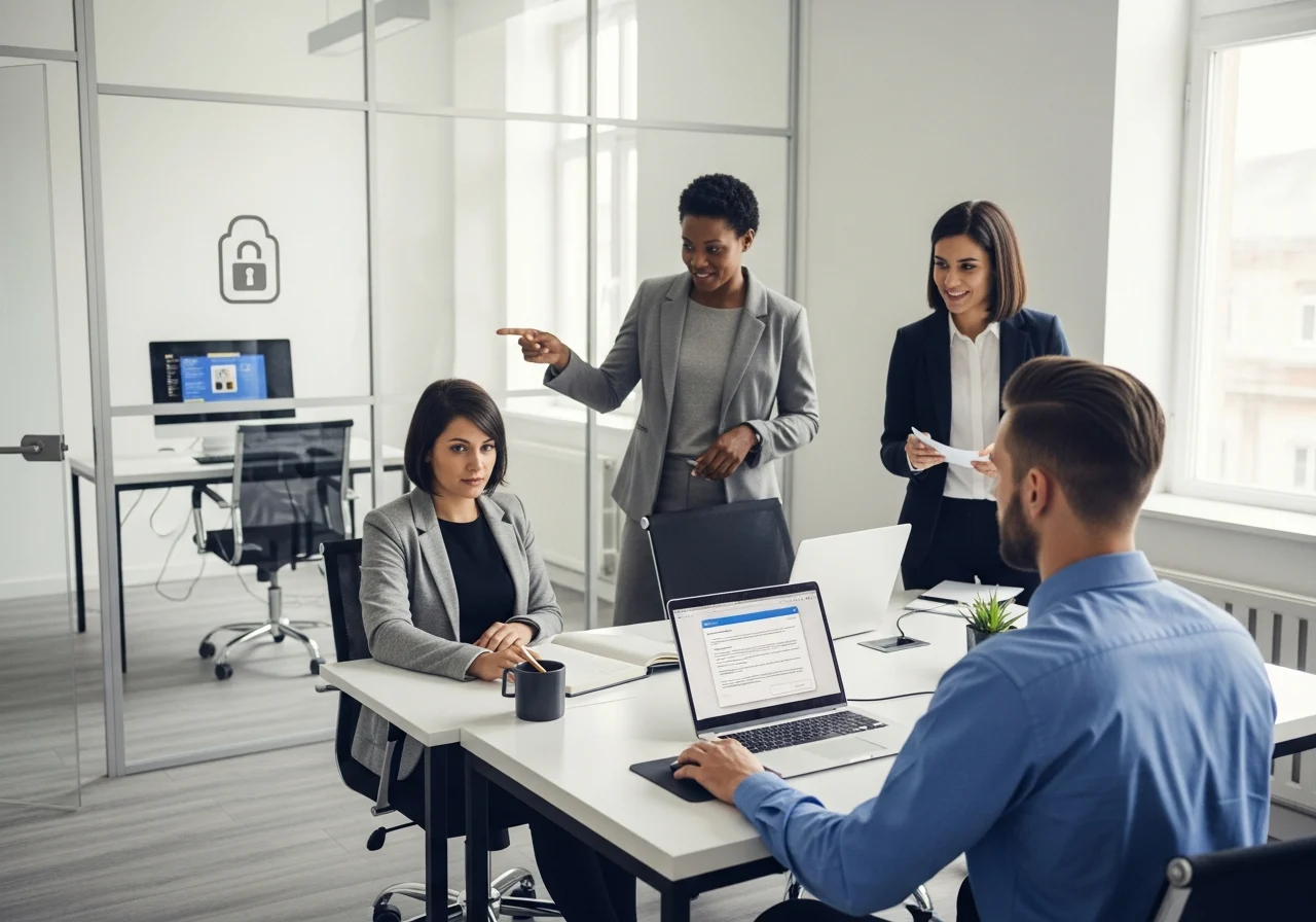 Modern office with team discussing cybersecurity measures calmly