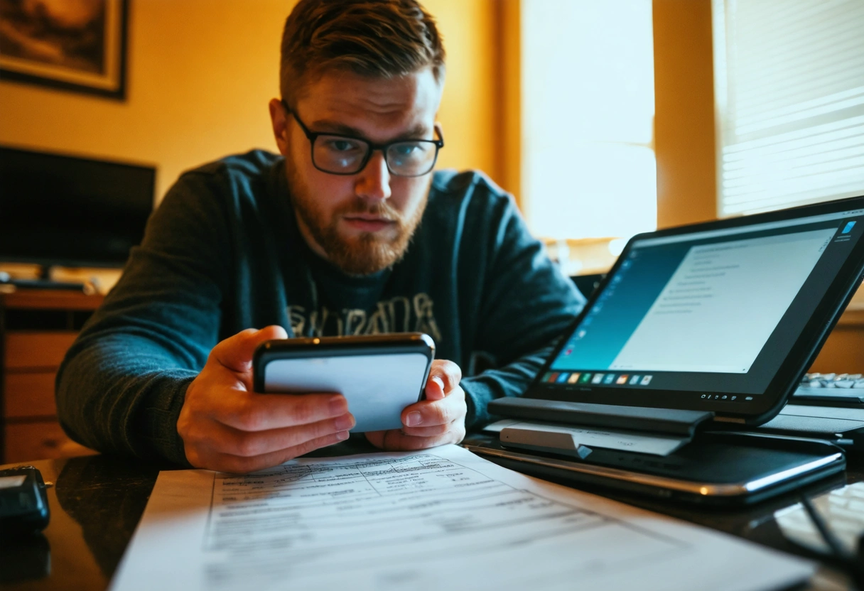 User comparing suspicious phone message with invoice and second device