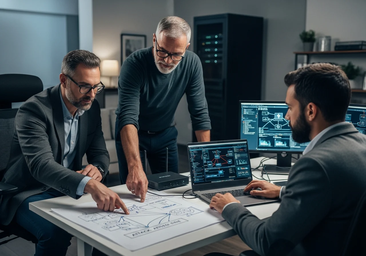 Dynamic hero scene of a veteran-led cybersecurity consultant team and a serious home office professional gathered