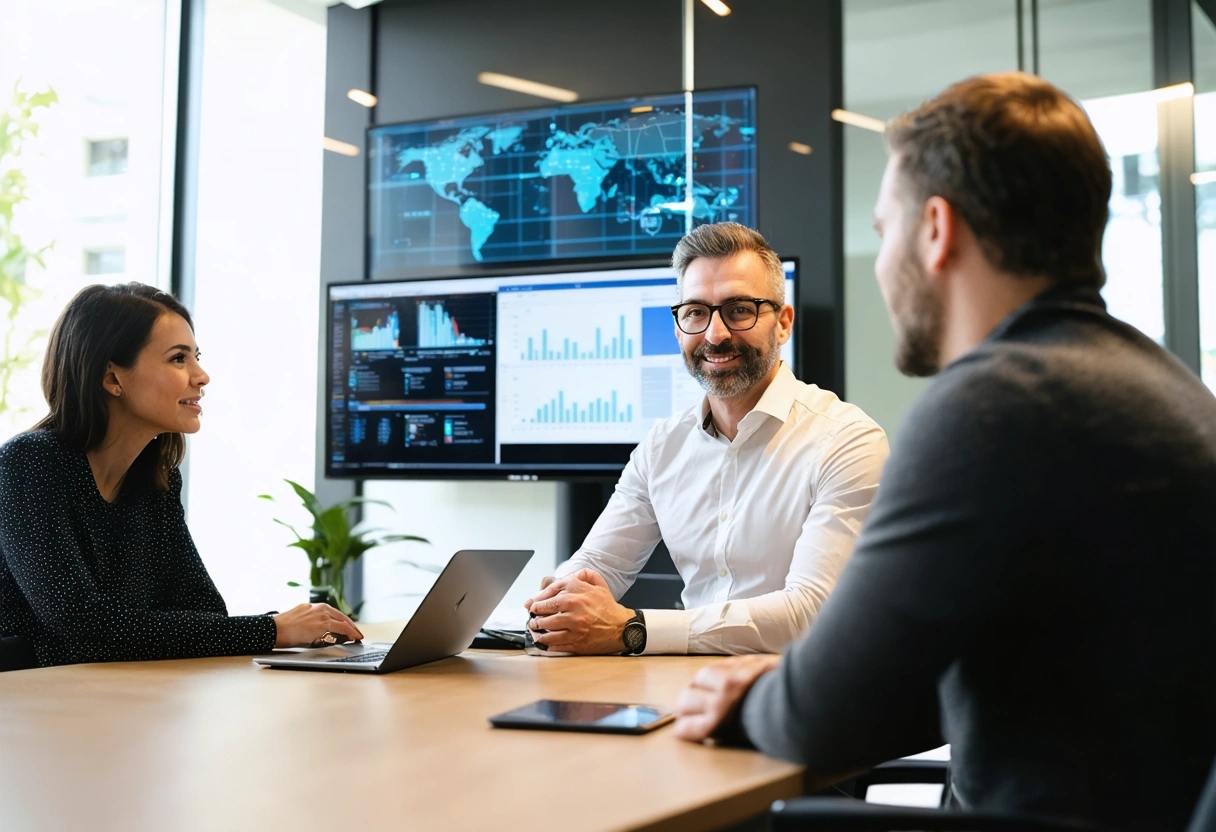 IT advisor and business team smile beside stable network infrastructure
