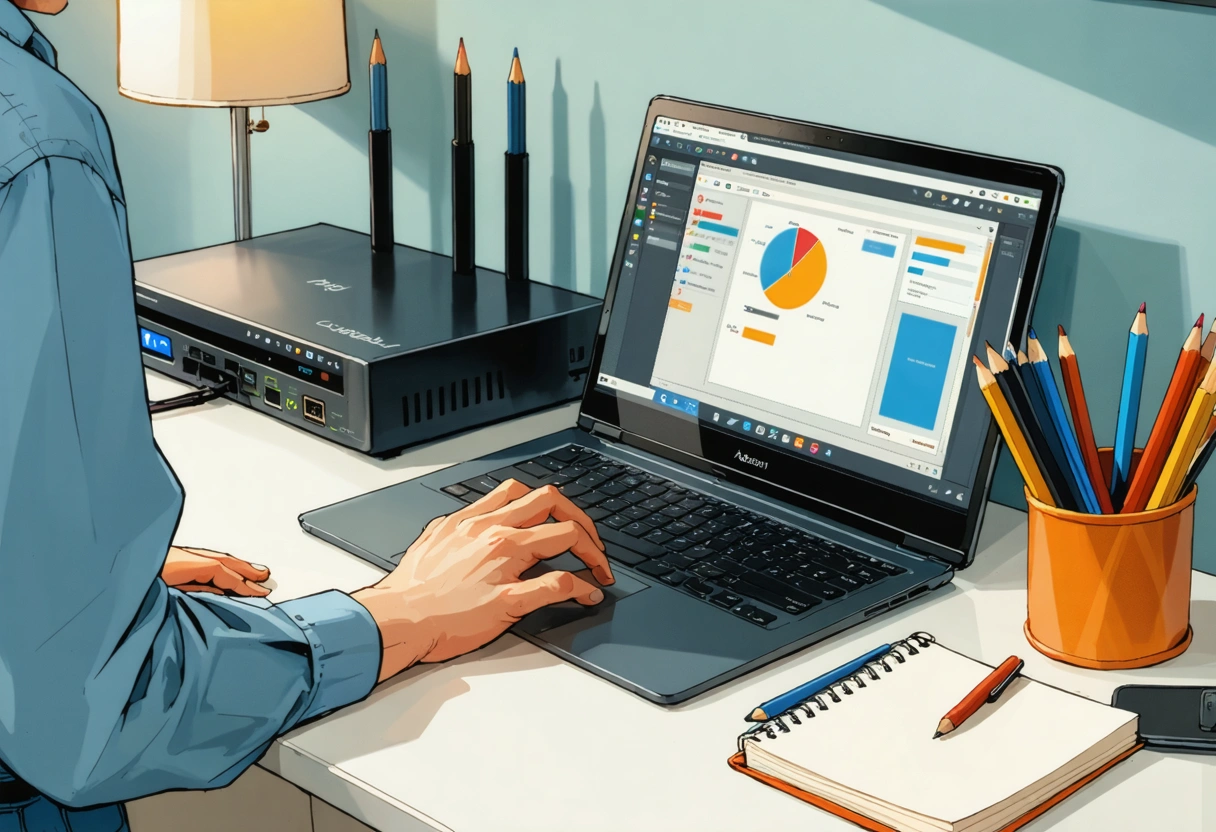 Person updating router firmware on laptop beside neatly arranged Ethernet cables