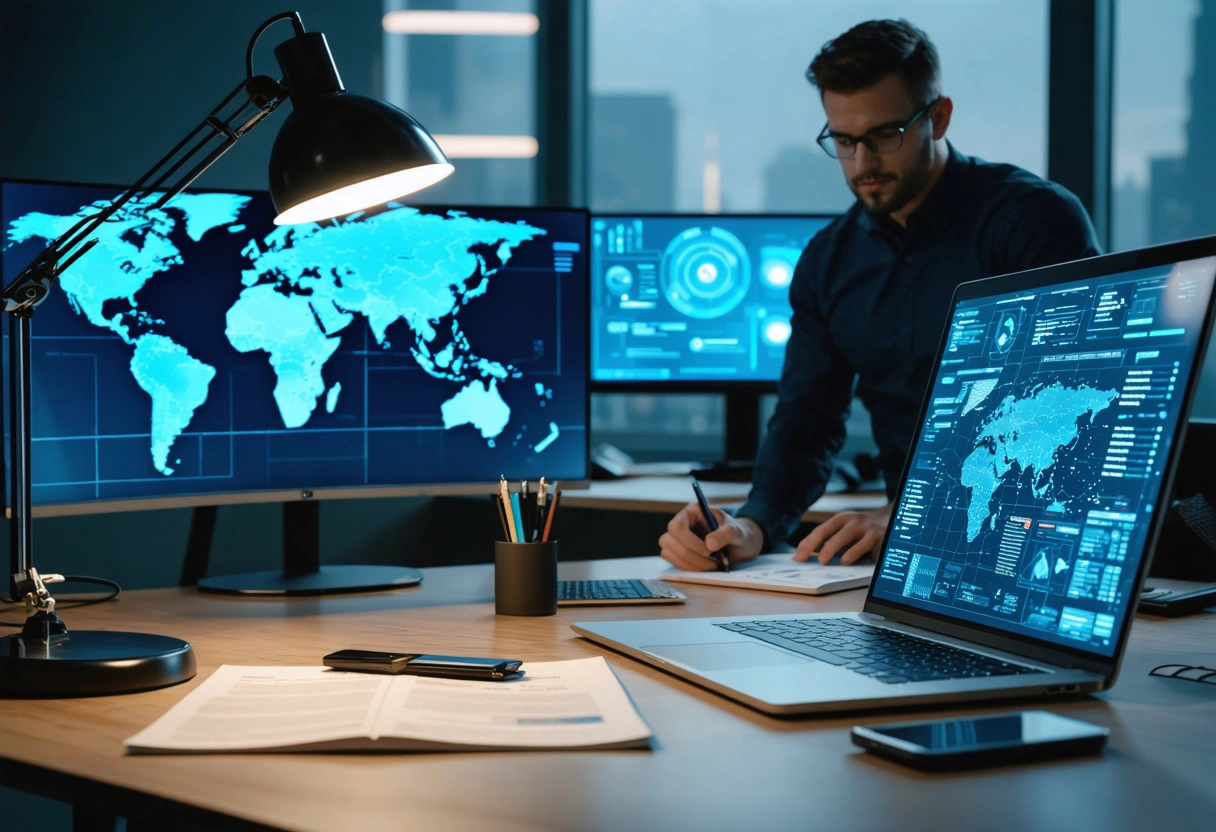 Remote employee works in home office under subtle security monitoring presence