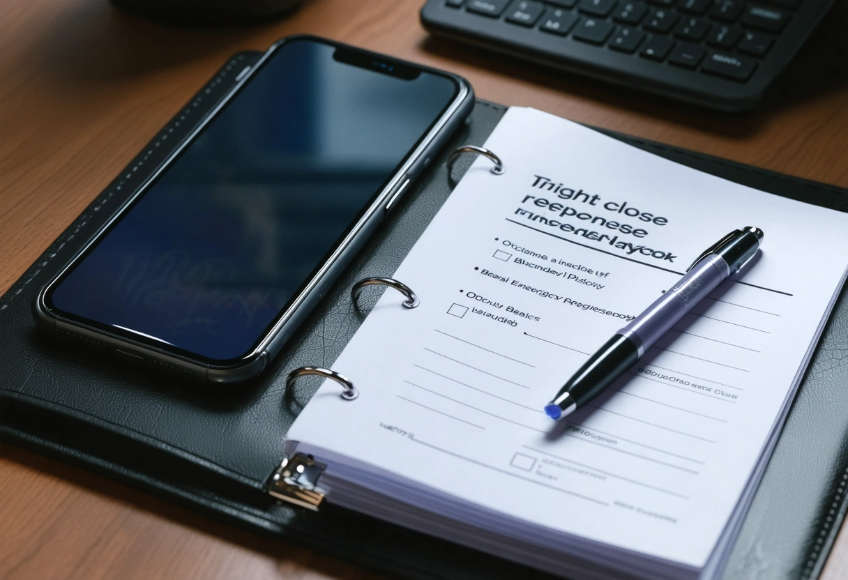 Incident response binder beside phone, pen, and sealed backup drive