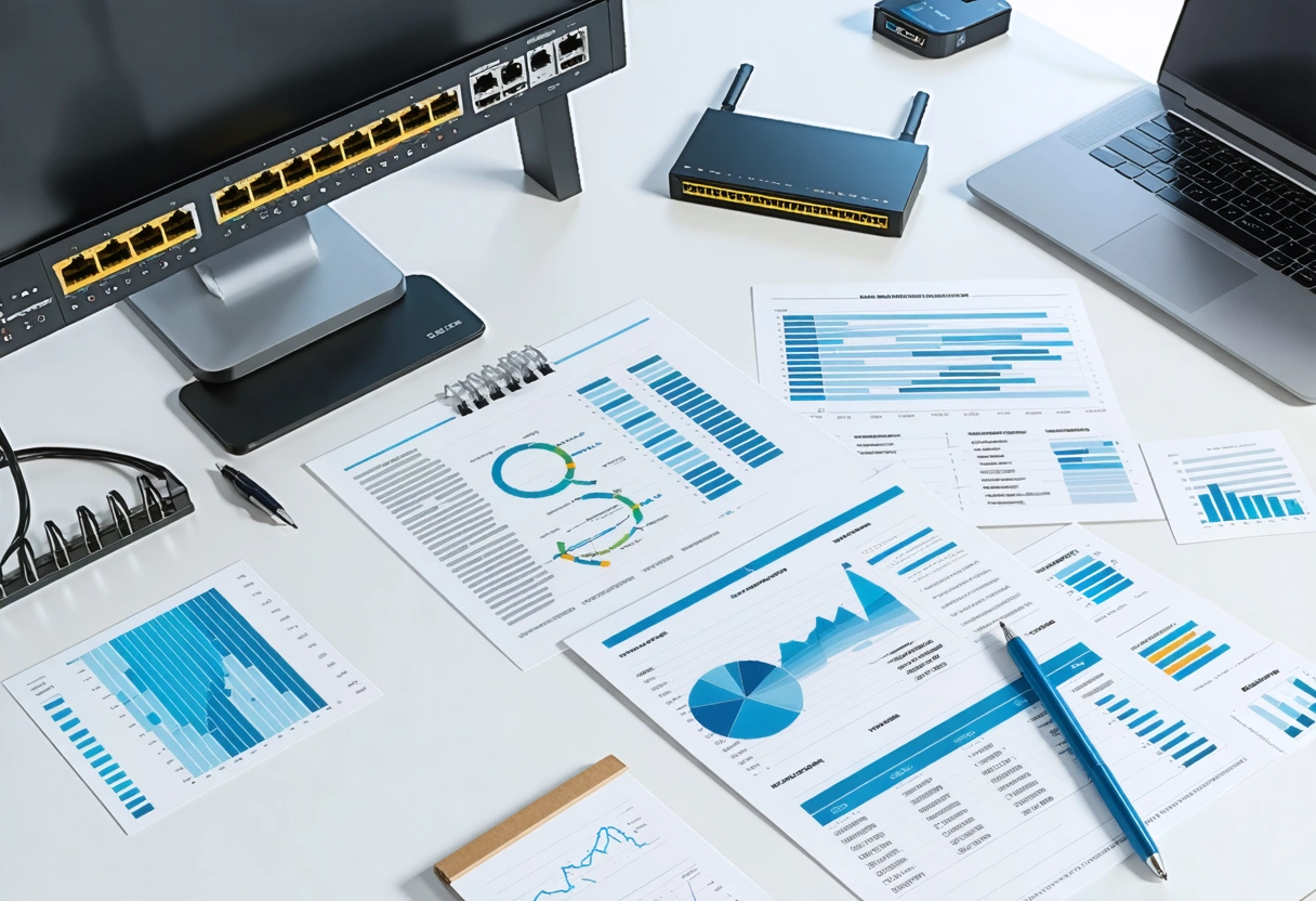 Analysts and a business lead review network reports and security alerts