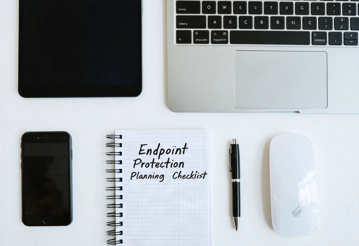 Top-down secure workspace checklist with laptop, notebook, phone, and tools