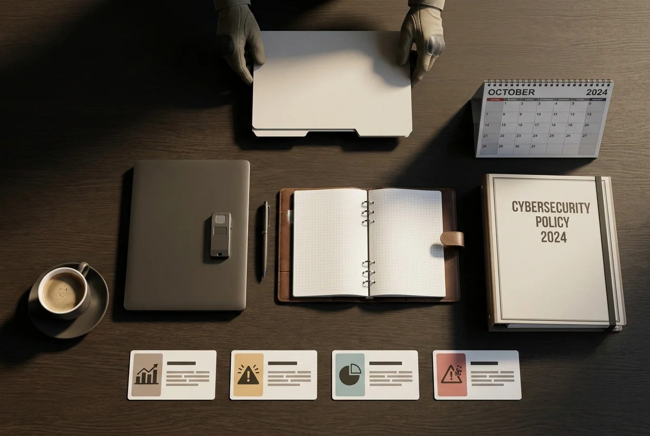 Organized tabletop with planning materials and hands placing document.