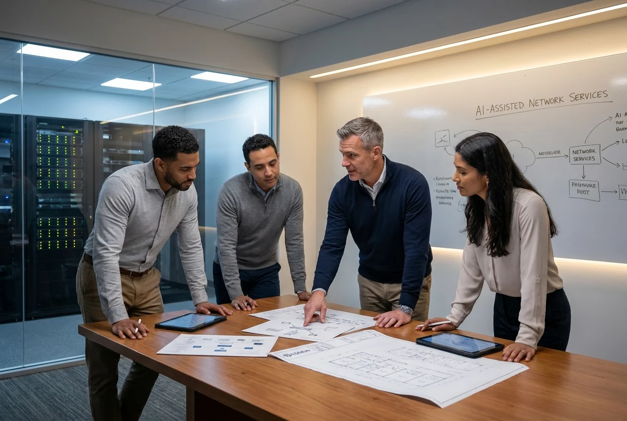 veteran-led-it-consultants-and-a-small-eTyBVm Veteran-led IT consultants and a small business operations team collaborating around a secure network planning table in