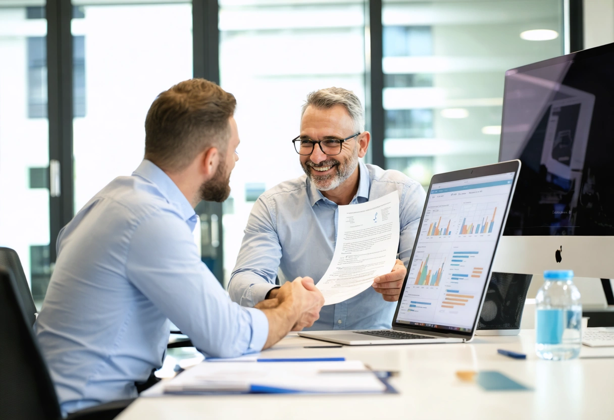 Veteran-led IT consultant and client discussing recommendations in bright office