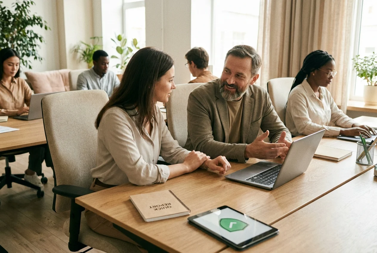Veteran IT specialist calmly assisting employee in modern small business office