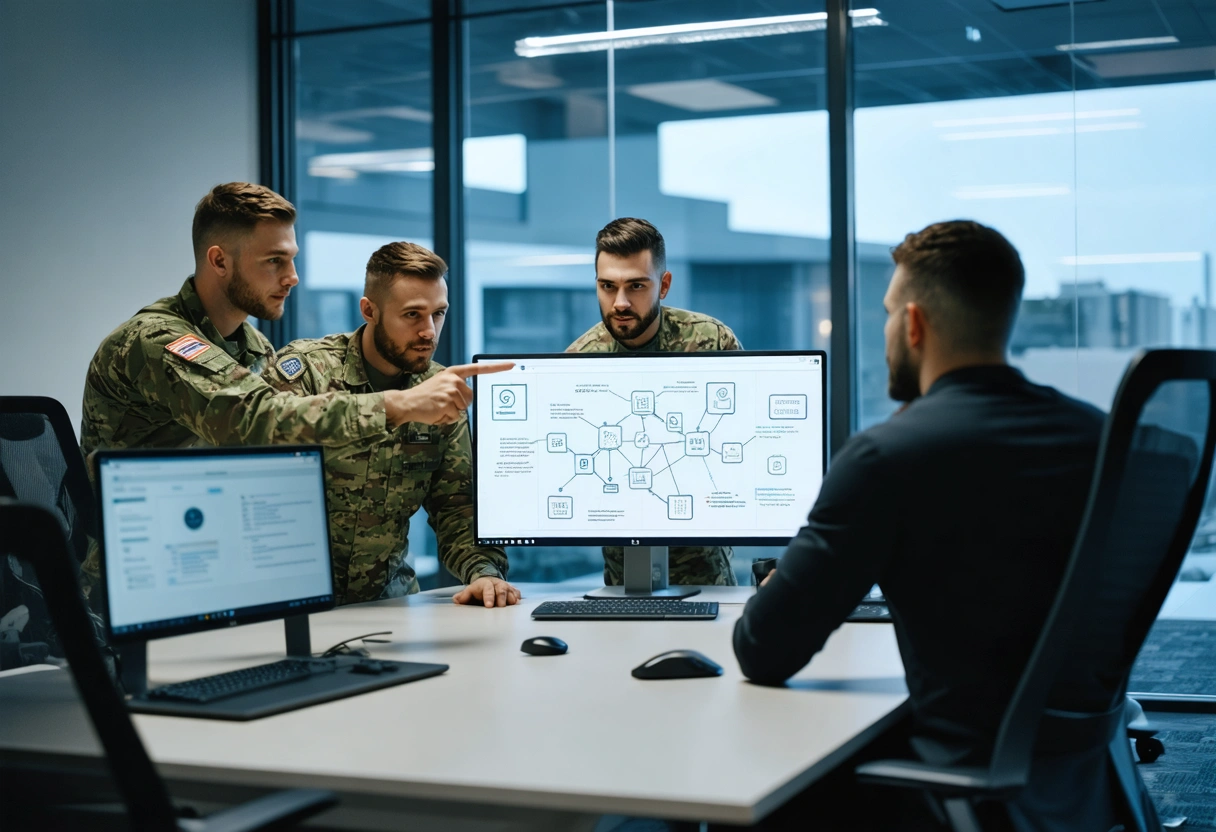 dynamic-hero-scene-of-a-veteran-led-Ch3hXO Veteran-led team planning secure IT strategy with a business owner