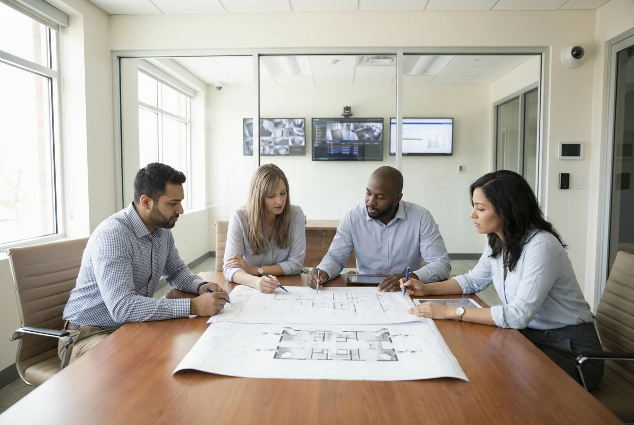 modern-mission-ready-security-planning-scene-inside-6OaSq8 Security team reviewing building layout in a polished office