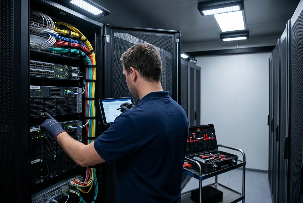 Technician verifying security checklist in a clean server room