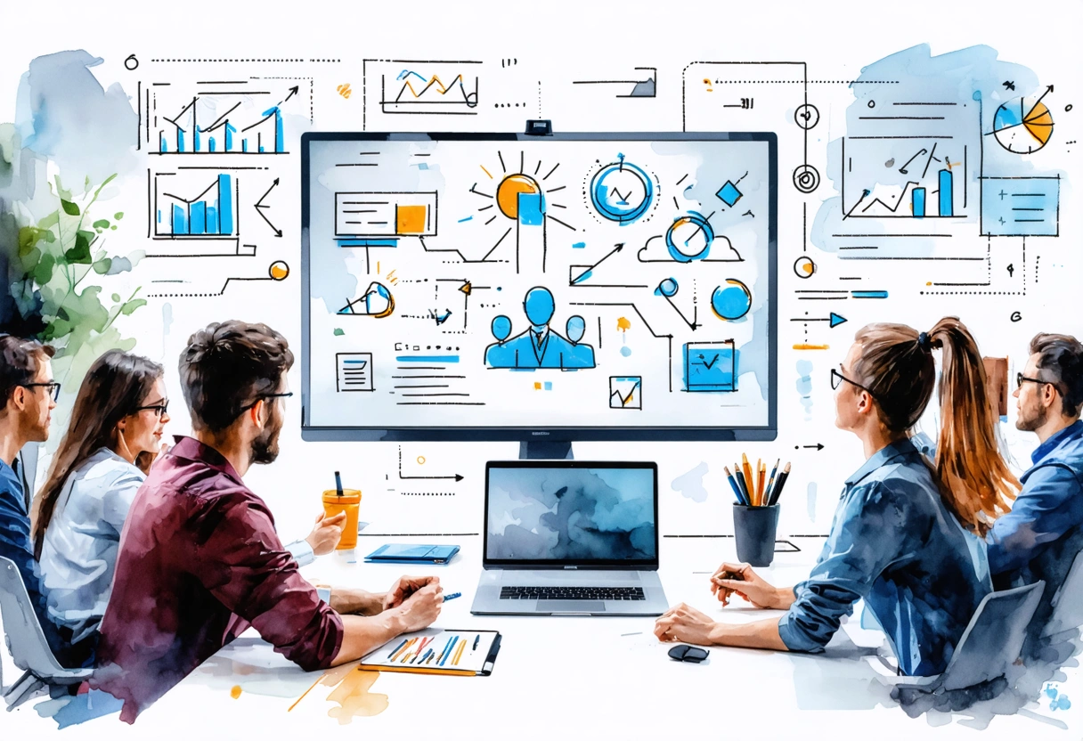 IT advisor and stakeholders reviewing a strategic roadmap in conference room