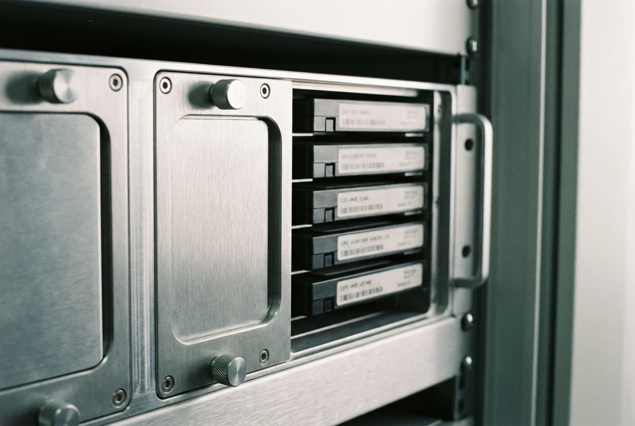 Organized back-office storage area with evidence boxes and backup drives